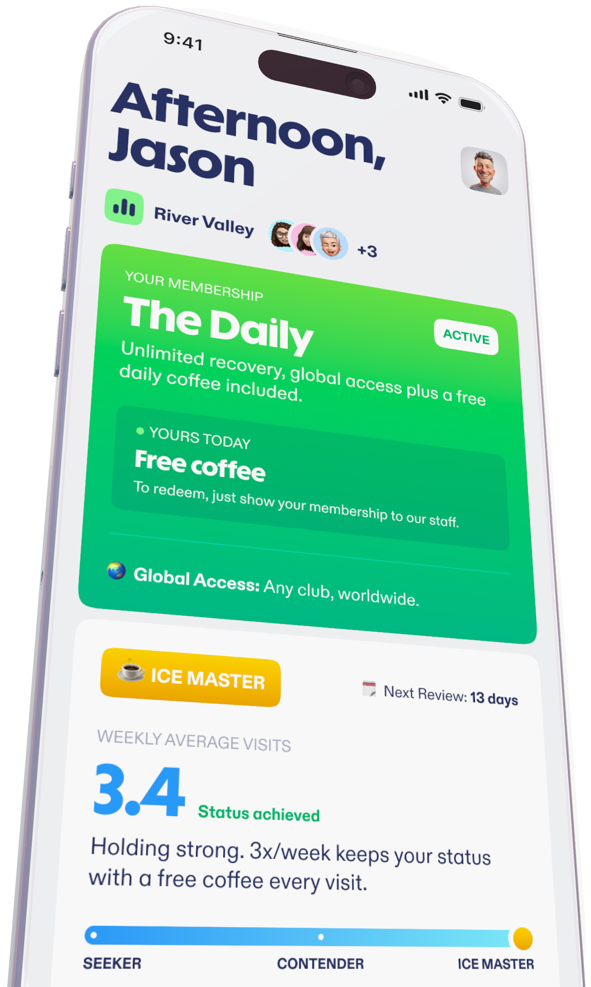 The TIBC app, showing a member's Daily membership, today's free coffee and their visit status