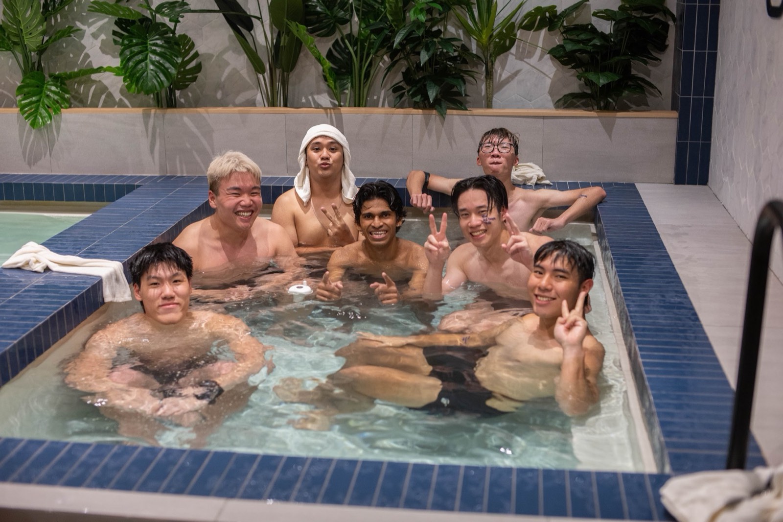 A crew of friends in the ice bath at Duxton, Singapore
